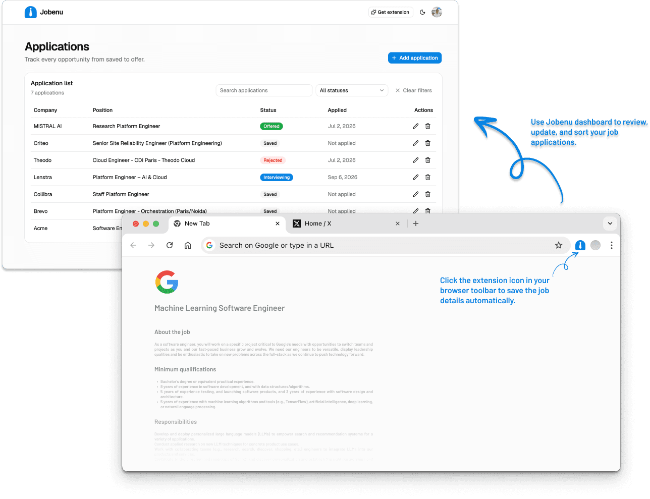A job posting open beside the Jobenu application tracker, with annotations showing how to capture and review a role